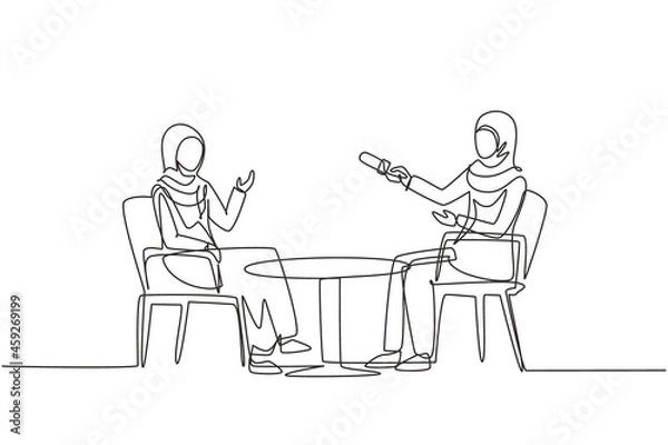Obraz Single one line drawing talk show studio with interviewing, discussing hosts. People recording tv program, Arab woman journalist questioning guest star. Continuous line draw design vector illustration