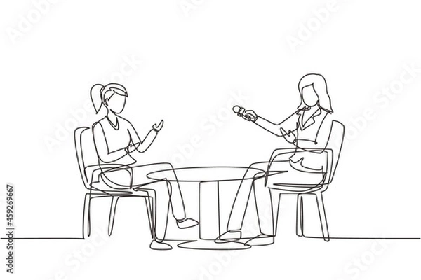 Fototapeta Continuous one line drawing talk show studio with interviewing, discussing hosts. People recording tv program, woman journalist questioning guest star. On air news. Single line draw design vector