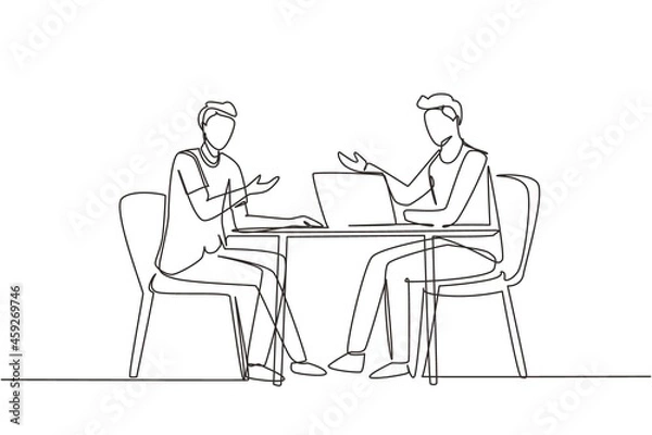Fototapeta Single continuous line drawing male interviewing famous person in studio for tv show. Concept of television or internet broadcast with journalist talking to celebrity. One line draw design vector
