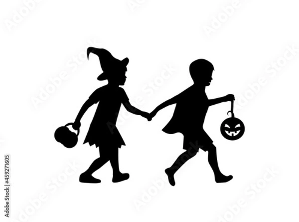Obraz black silhouettes children in halloween witch costumes hold hands and go to the party 