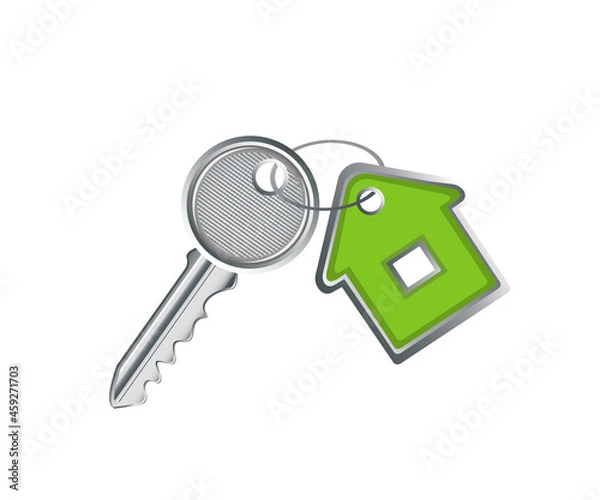 Obraz metal silver key with a keychain in the form of a green house on a white background 
