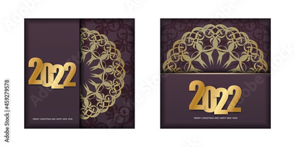 Fototapeta Holiday Brochure 2022 Merry christmas burgundy color with vintage gold pattern