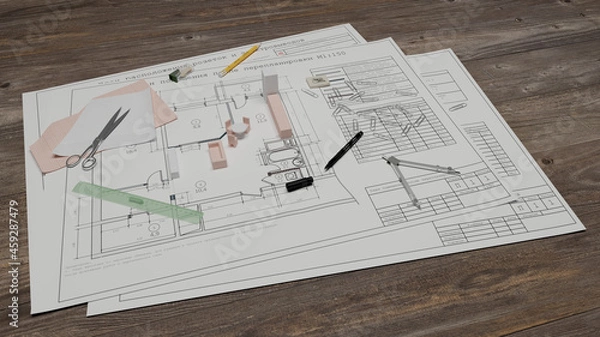 Obraz 3D illustration (render) - The workplace of an interior designer