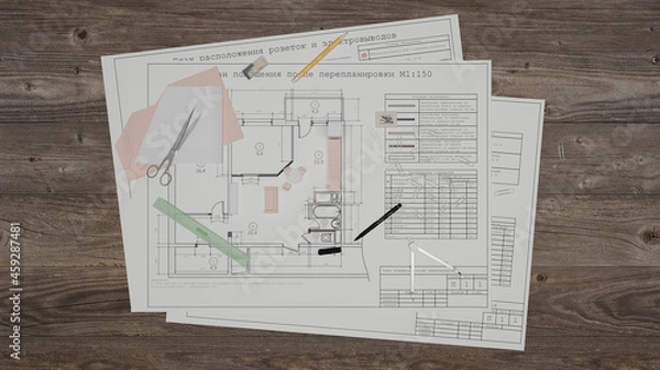 Obraz 3D illustration (render) - The workplace of an interior designer