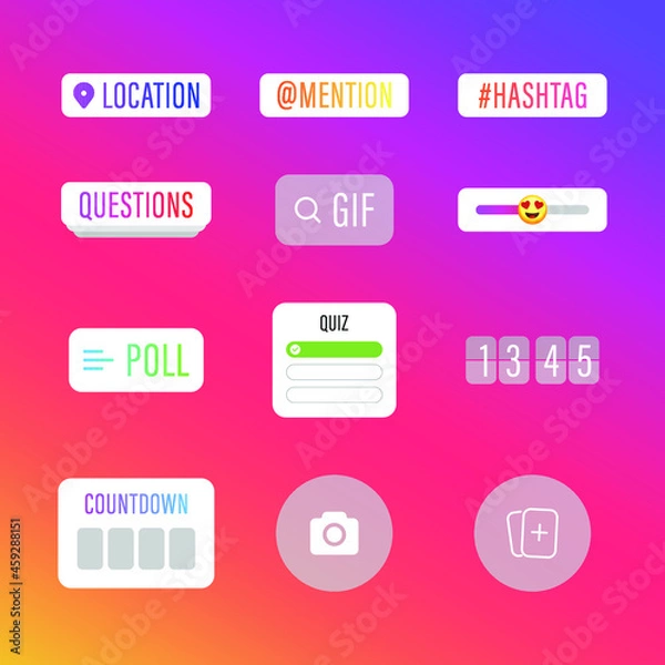 Fototapeta Social media interface stickers instagram, stories social media icons. Templates stories, hashtag, polls, emoji slider, countdown. Vector illustration
