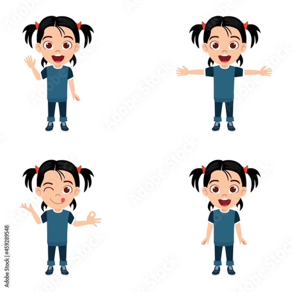Fototapeta Happy kid girl character standing and doing different action posing