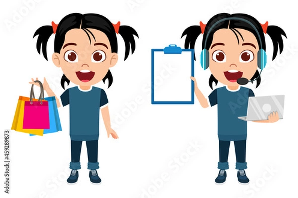 Fototapeta Happy kid girl character standing and pointing blank clipboard and shopping bag