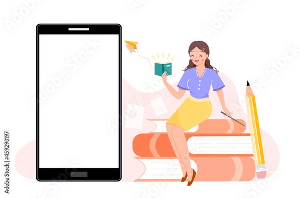 Fototapeta Online learning or distance education, e-learning concepts. Female teacher teaching via app. with blank screen mobile phone and hand holding book. Tutorials, software for learning. Education vlog.