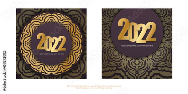 Obraz Holiday Flyer 2022 Merry Christmas and Happy New Year burgundy color with luxury gold ornament