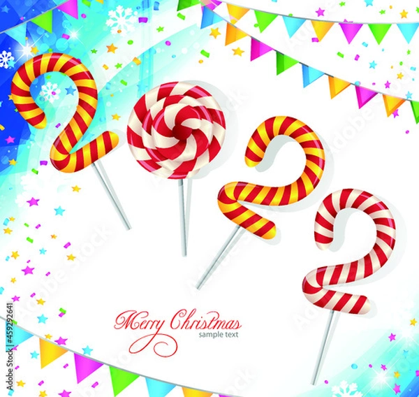 Fototapeta Christmas background 2022 of candy with snow and a Christmas tree