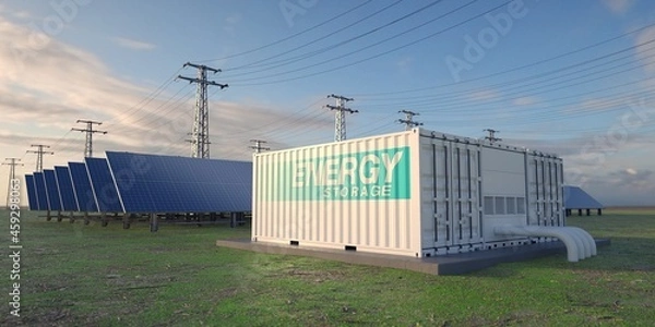 Obraz Renewable park. Solar panels, storage and distribution of clean electricity. 