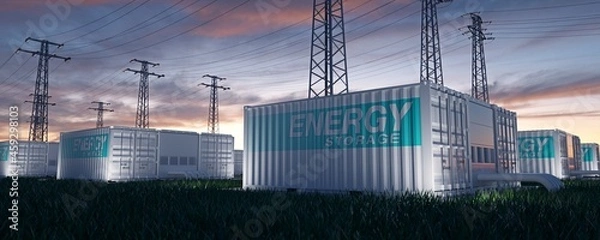 Obraz Renewable energy storage. Containers with high tension towers. 