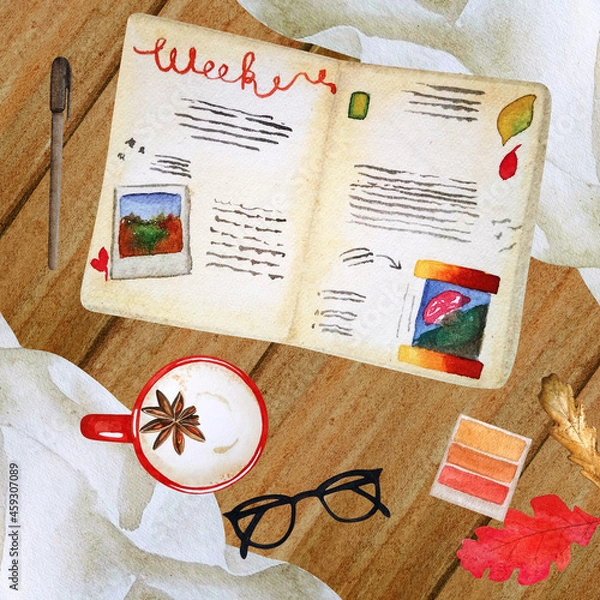 Fototapeta Autumn flat lay with a workplace. Watercolor autumn diary, black rimmed glasses, color painting, spiced coffee, drapery.
