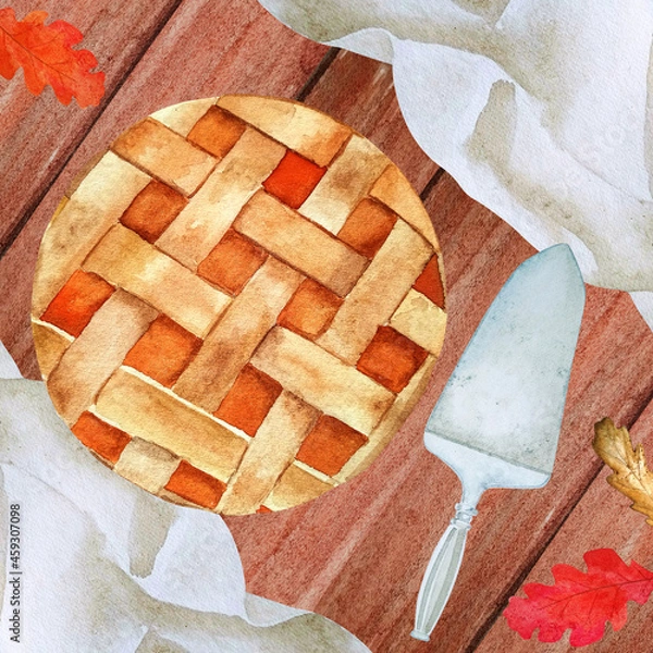 Obraz Apple pie with pie spatula top view. Watercolor flat lay with autumn pie on a wooden table.
