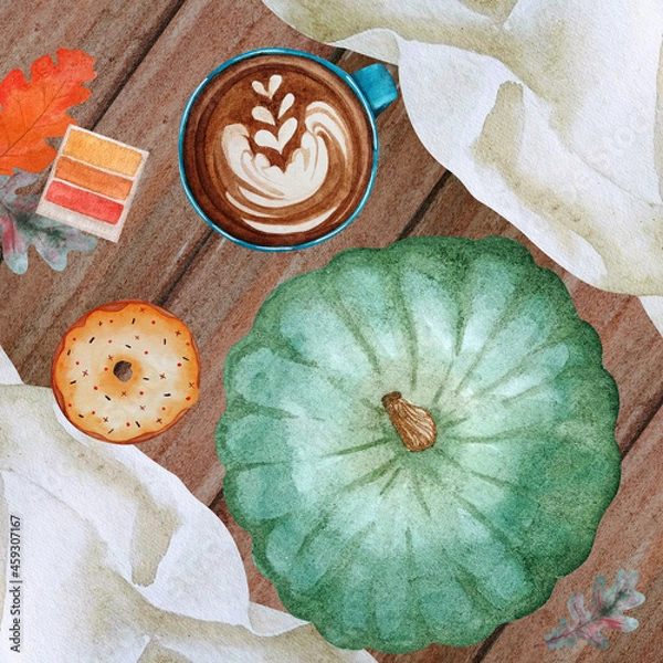 Fototapeta Watercolor autumn flat lay with a cup of cappuccino and green pumpkin. Pumpkin and coffee with donut on a wooden table.
