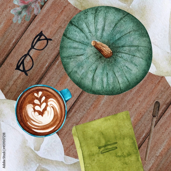 Obraz Watercolor autumn flat lay with diary and pumpkin. Workplace with green pumpkin, planner, cappuccino, glasses and pen.
