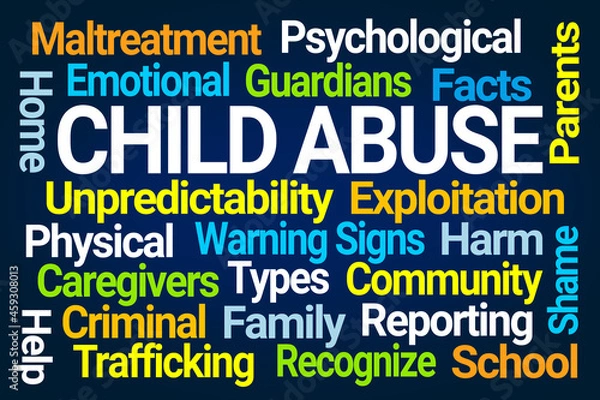 Obraz Child Abuse Word Cloud on Blue Background