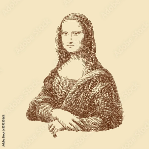 Fototapeta Sketch of the famous painting by Leonardo da Vinci 'Mona Lisa' (Gioconda). Portrait of a smiling woman. Italy. Vintage brown and beige card, hand-drawn, vector. Old design. Line graphics.