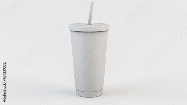 Fototapeta A light glass from a drink with a straw on a light background. 3d rendering illustration.