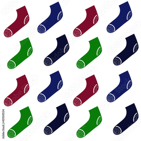 Obraz Stylish cotton woolen socks with different colours blue red green isolated on white background seamless pattern. Bundle of trendy clothing item. Modern garment apparel Flat cartoon stock illustration