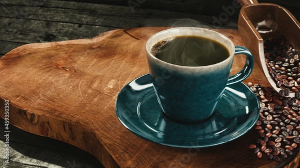 Fototapeta Hot Coffee in Rustic Cup with Coffee Beans on Wood Surface with Room for Copy