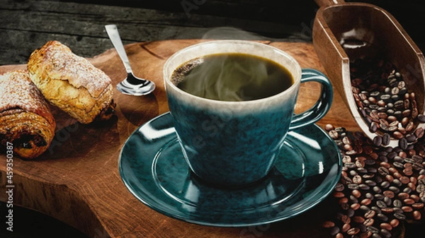 Fototapeta Hot Coffee in Rustic Cup with Pastry and Coffee Beans on Wood Surface