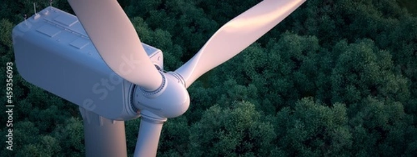 Obraz Close up of wind turbine with lush forest in the background. 