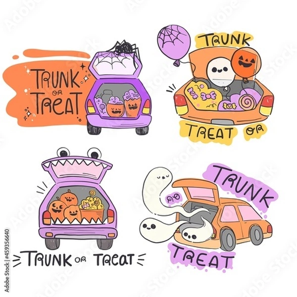 Fototapeta hand drawn trunk treat labels collection vector design illustration