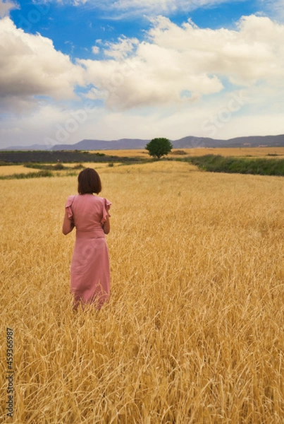 Fototapeta woman posing in wheat field.