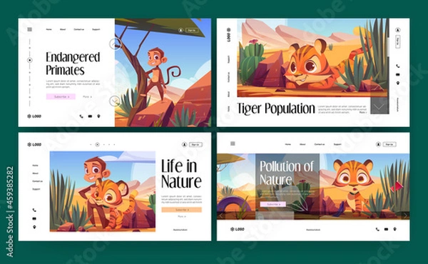 Fototapeta Save nature cartoon landing pages, wild African animals tiger cub and monkey in desert natural landscape. Life and pollution of nature, endangered species, primates population, Vector web banners set