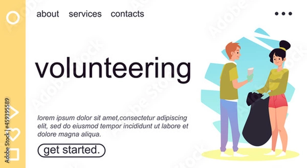 Fototapeta Volunteering web banner with ecologists collect garbage, vector illustration.