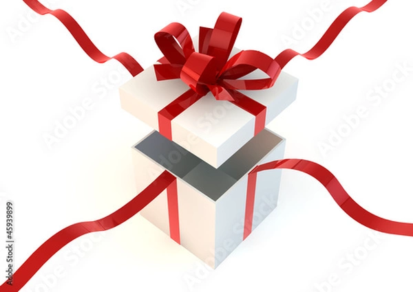 Obraz Opened white gift box with red ribbons