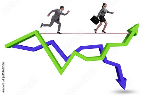 Fototapeta Businessman balancing on tightrope on line chart