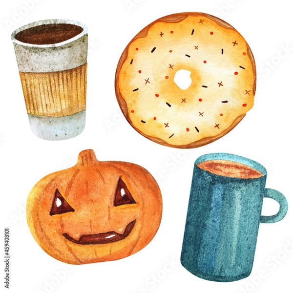 Fototapeta Hand-drawn watercolor set of elements: coffee to go, donut, cup of tea, cookie pumpkin isolated on white background. Autumn set with a snack.
