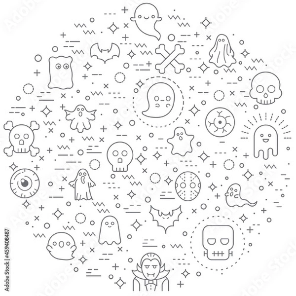 Fototapeta Simple Set of Ghost and Halloween Related Vector Line Illustration. Contains such Icons as Skeleton, Eyeball, spook, alien, boo, spirit, phantom, spook and Other Elements.