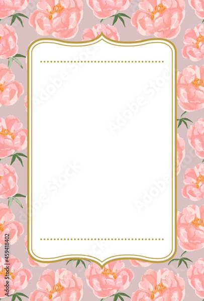 Fototapeta シャクヤク模様　ロマンチックなフレーム素材（ベージュ）