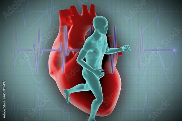 Fototapeta 3d illustration of man running on background of Cardiogram. 3d rendering of people, human character.