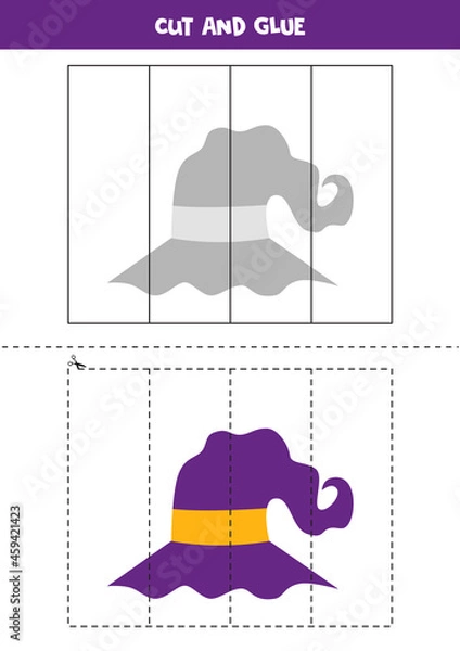 Fototapeta Cut and glue game for kids. Halloween wizard hat.