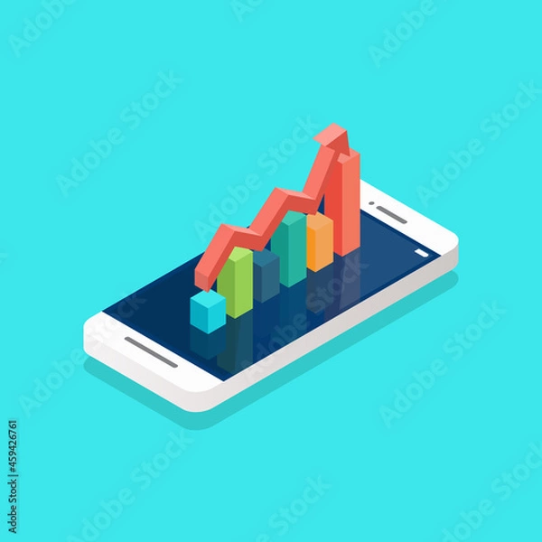 Fototapeta Red arrow growth with bar chart on the smartphone screen isometric