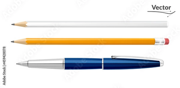 Fototapeta Set of ballpoint pen, yellow pencil, white pencil. Templates for applying logos. 3D style. Realistic. Office supplies for the office, school, institute. Isolated on a white background.