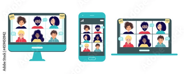 Obraz Online meeting via group call on a computer, laptop and smartphone. Home office concept. Group of people doing video conference. Vector illustration in flat style. Stay at home