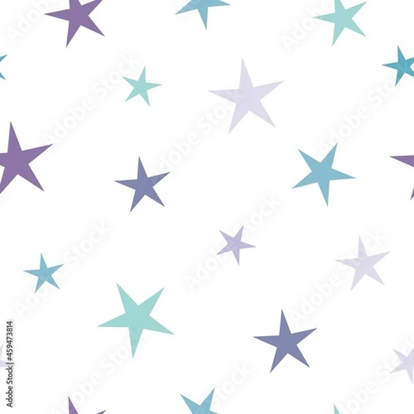 Fototapeta Seamless cute pattern with blue and violet stars on white background. Vector illustration.