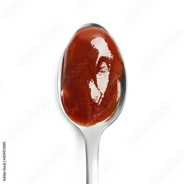 Obraz Barbecue sauce in spoon isolated on white background. Close up, top view.