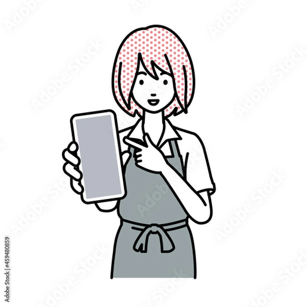Fototapeta 立ってスマートフォンを指差してこちらに向けて見せているカフェ店員の女性