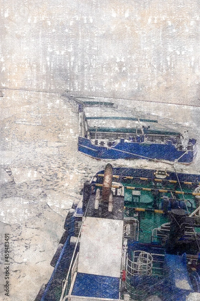 Fototapeta Coaster Shipping. Tugboats pulling loaded barges down the fairway of the frozen river. The wide river is covered with ice. View from the pilot bridge of the tug leader. Digital watercolor painting.