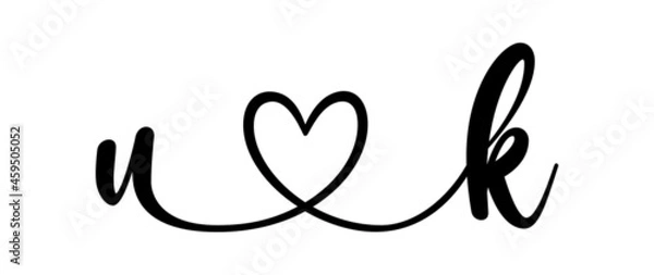 Fototapeta uk, ku, letters with heart Monogram, monogram wedding logo. Love icon, couples Initials, lower case, connecting HEART, home decor,