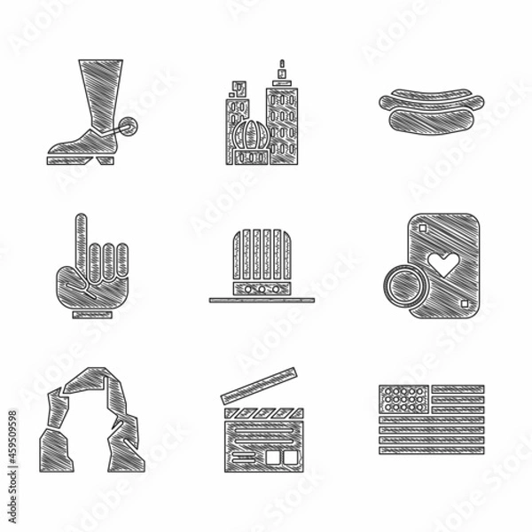 Fototapeta Set Patriotic American top hat, Movie clapper, flag, Casino chip and playing cards, Grand canyon, Number 1 one fan hand glove, Hotdog sandwich and Cowboy boot icon. Vector