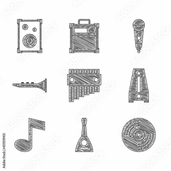 Fototapeta Set Pan flute, Balalaika, Vinyl disk, Metronome with pendulum, Music note, tone, Clarinet, Microphone and Stereo speaker icon. Vector