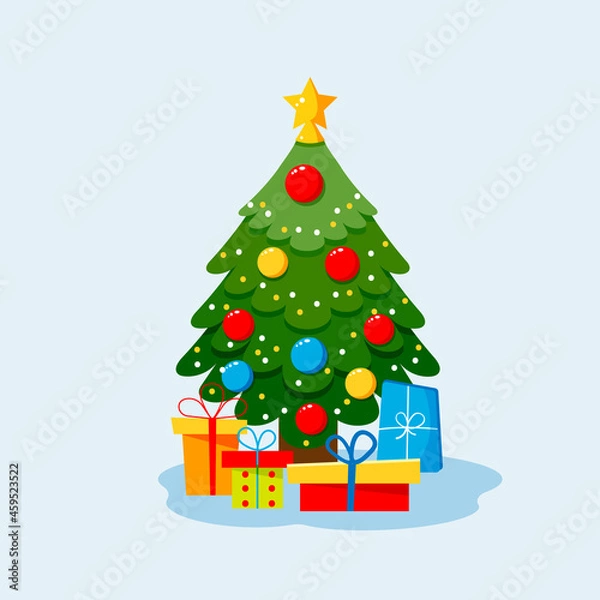 Fototapeta Christmas tree with star, gift boxes, star, lights, decoration balls and lamps. Vector flat plane style illustration.
