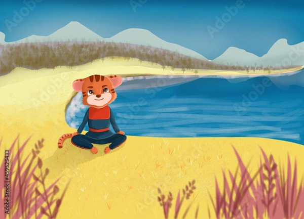 Fototapeta tiger cub in the sports uniform of a kung fu master sits on the shore of the lake. Cute cartoon style of illustration in autumn colors
